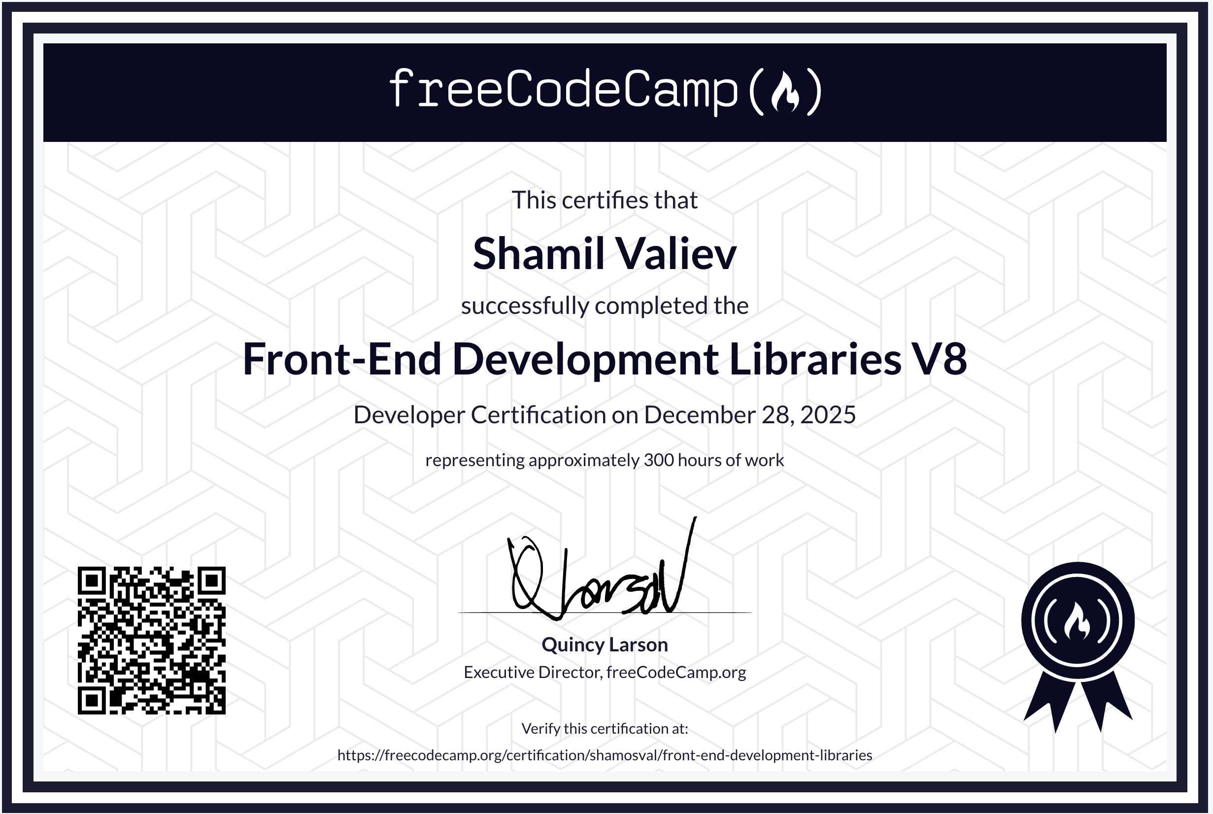 FreeCodeCamp Front-End Development Libraries certificate